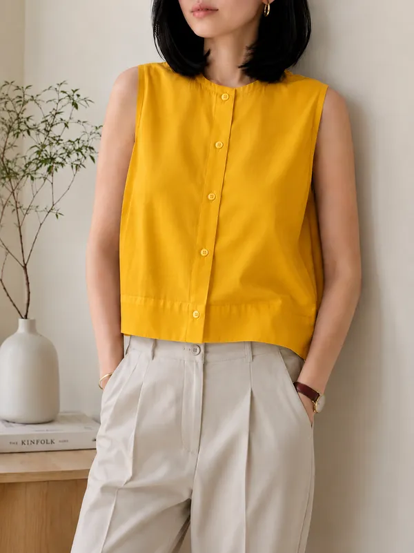 Women_Yellow_Sleeveless_Cotton_Blend_A-Line_Top_|_Casual_Relaxed_Fit_Round_Neck_Summer_Crop_Top