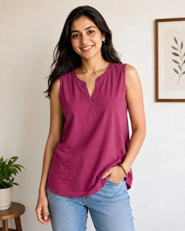 Women_Dark_Pink_Sleeveless_V-Neck_A-Line_Top_|_Relaxed_Fit_Casual_Summer_Tunic