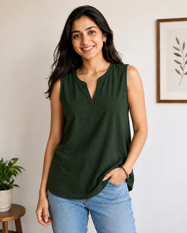 Women_Dark_Green_Sleeveless_V-Neck_A-Line_Top_|_Relaxed_Fit_Casual_Summer_Tunic