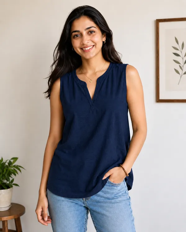 Women_Dark_Blue_Sleeveless_V-Neck_A-Line_Top_|_Relaxed_Fit_Casual_Summer_Tunic