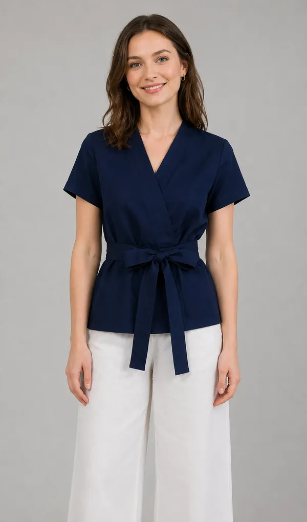 Women_Navy_Blue_Wrap_Style_Cotton_Blend_Top_|_V-Neck_Short_Sleeve_Tie_Waist_Casual_Cotton_tops