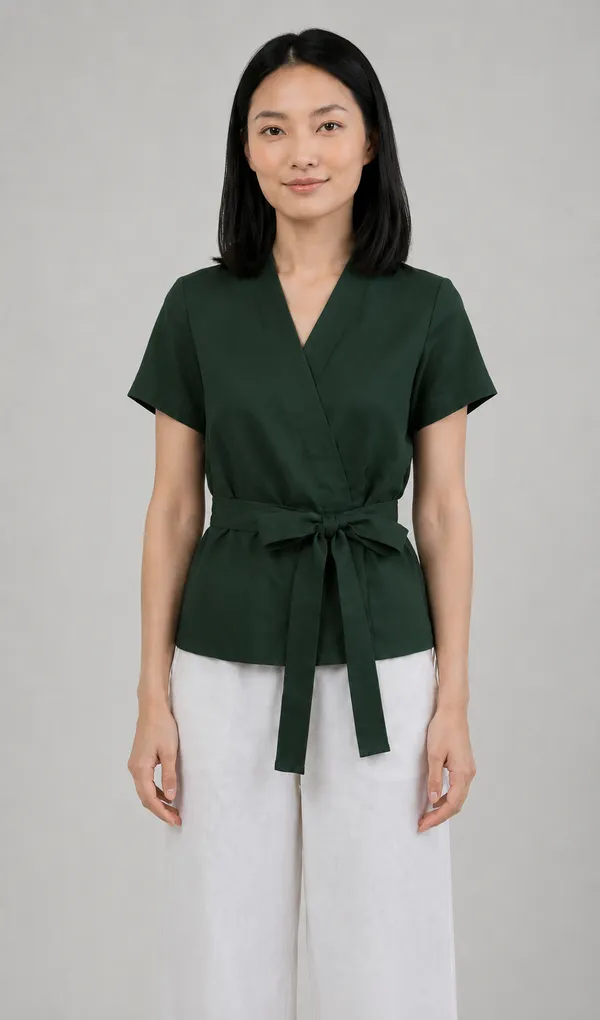 Women_Dark_Green_Wrap_Style_Cotton_Blend_Top_|_V-Neck_Short_Sleeve_Tie_Waist_Casual_Cotton_tops