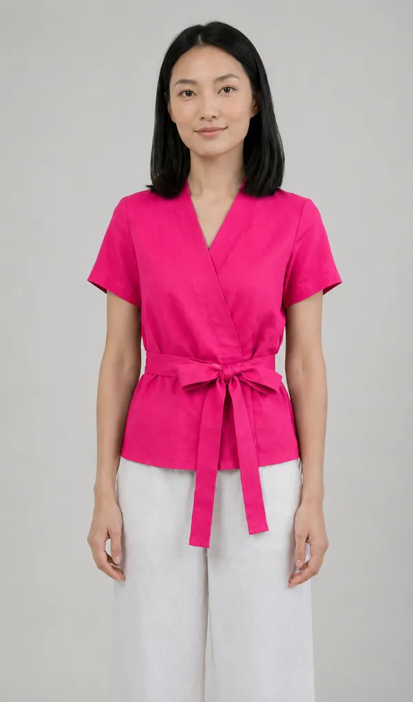 Women_Dark_Pink_Wrap_Style_Cotton_Blend_Top_|_V-Neck_Short_Sleeve_Tie_Waist_Casual_Cotton_tops