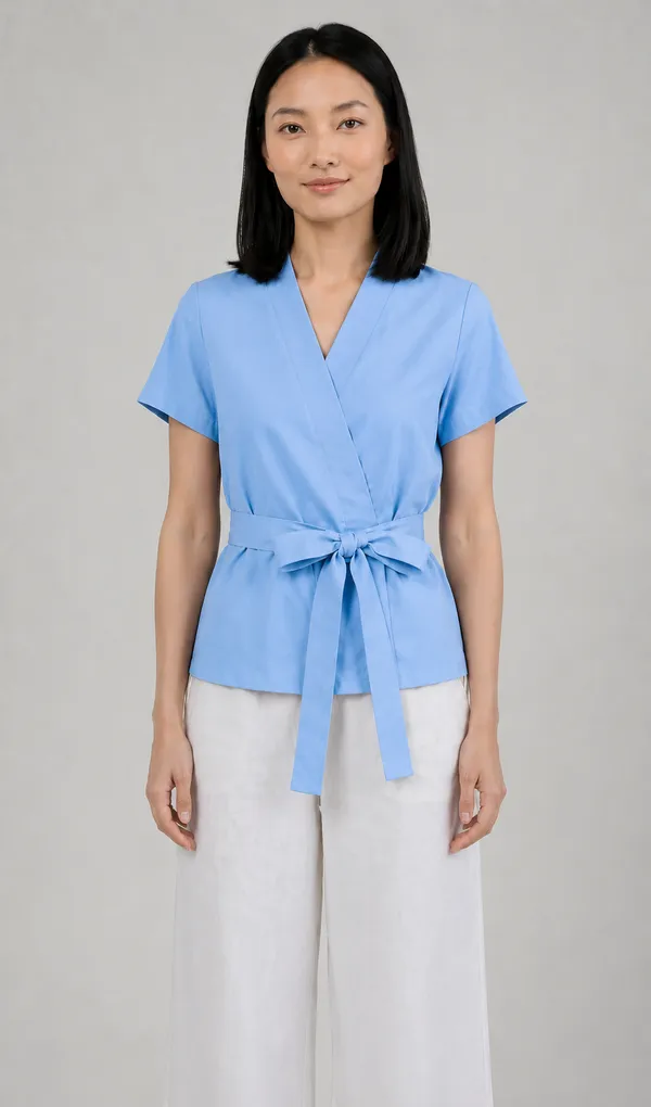 Women_Sky_Blue_Wrap_Style_Cotton_Blend_Top_|_V-Neck_Short_Sleeve_Tie_Waist_Casual_Cotton_tops