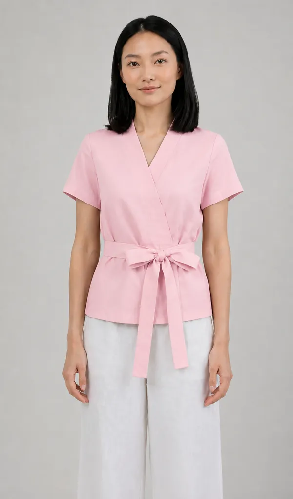 Women_Light_Pink_Wrap_Style_Cotton_Blend_Top_|_V-Neck_Short_Sleeve_Tie_Waist_Casual_Cotton_tops
