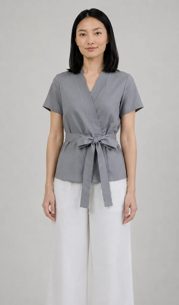 Women_Grey_Wrap_Style_Cotton_Blend_Top_|_V-Neck_Short_Sleeve_Tie_Waist_Casual_Cotton_tops