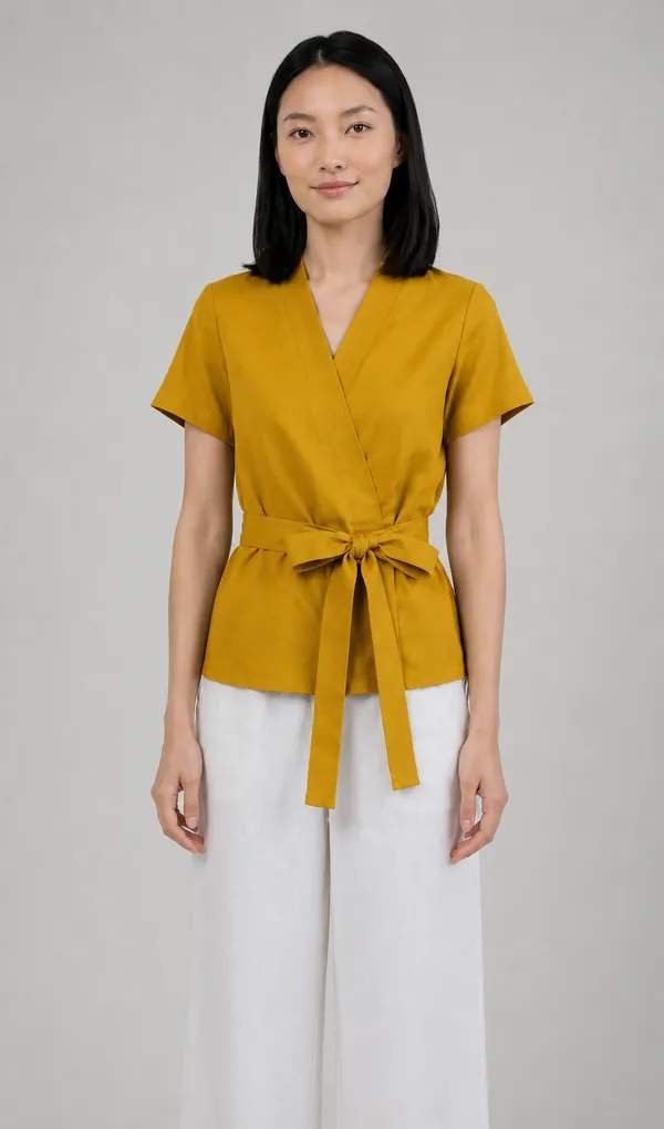 Women_Yellow_Wrap_Style_Cotton_Blend_Top_|_V-Neck_Short_Sleeve_Tie_Waist_Casual_Cotton_tops
