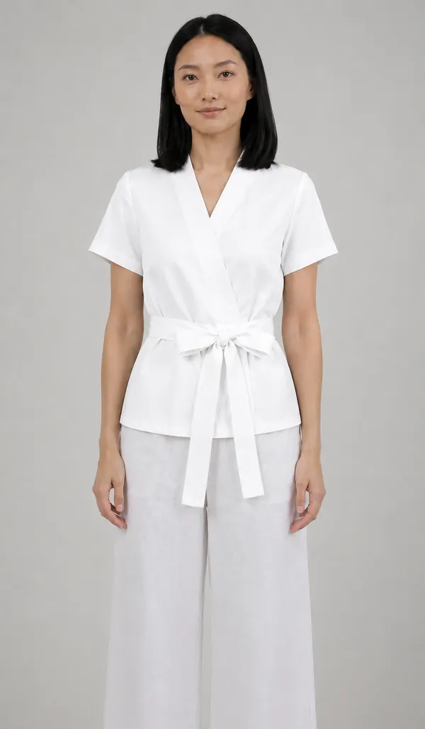Women_White_Wrap_Style_Cotton_Blend_Top_|_V-Neck_Short_Sleeve_Tie_Waist_Casual_Cotton_tops