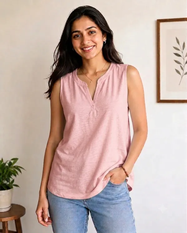 Women_Pink_Sleeveless_V-Neck_A-Line_Top_|_Relaxed_Fit_Casual_Summer_Tunic