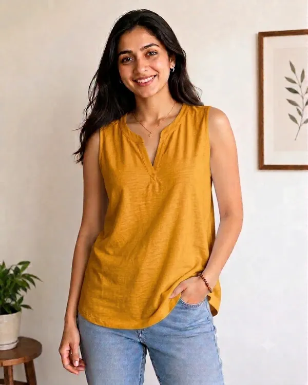 Women_Yellow_Sleeveless_V-Neck_A-Line_Top_|_Relaxed_Fit_Casual_Summer_Tunic