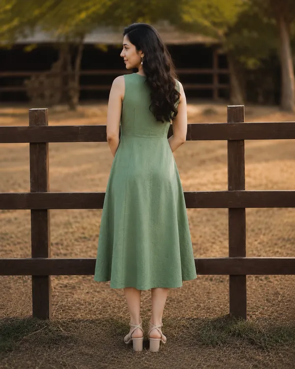 Women's_Green_Sleeveless_A-Line_Midi_Dress_|_Solid_Button-Down_Casual_Cotton_Blend_Dress_|_Elegant_Summer_&_Party_Wear