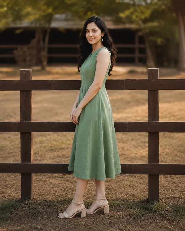 Women's_Green_Sleeveless_A-Line_Midi_Dress_|_Solid_Button-Down_Casual_Cotton_Blend_Dress_|_Elegant_Summer_&_Party_Wear