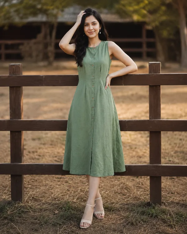 Women's_Green_Sleeveless_A-Line_Midi_Dress_|_Solid_Button-Down_Casual_Cotton_Blend_Dress_|_Elegant_Summer_&_Party_Wear