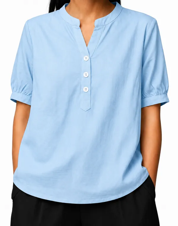 Women's_Sky_Blue_Cotton_Blend_Mandarin_Collar_Half_Sleeve_Casual_Top