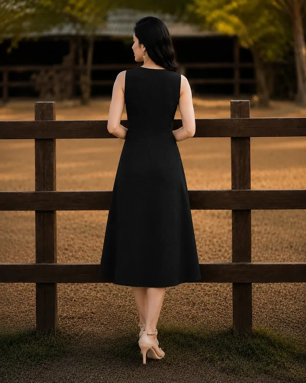 Women's_Black_Sleeveless_A-Line_Midi_Dress_|_Solid_Button-Down_Casual_Cotton_Blend_Dress_|_Elegant_Summer_&_Party_Wear