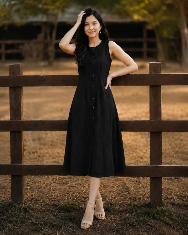 Women's_Black_Sleeveless_A-Line_Midi_Dress_|_Solid_Button-Down_Casual_Cotton_Blend_Dress_|_Elegant_Summer_&_Party_Wear