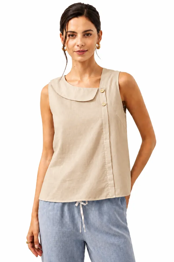 Women_Beige_Sleeveless_Relaxed_Fit_Top_with_Round_Neck,_Overlay_Panel_&_Button_Detail