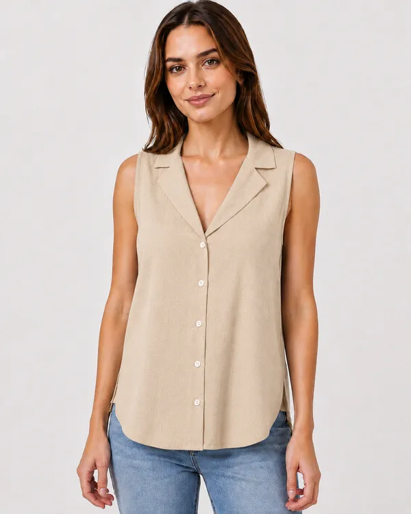 Women_Beige_Sleeveless_Relaxed_Fit_Top_with_Round_Neck,_Overlay_Panel_&_Button_Detail