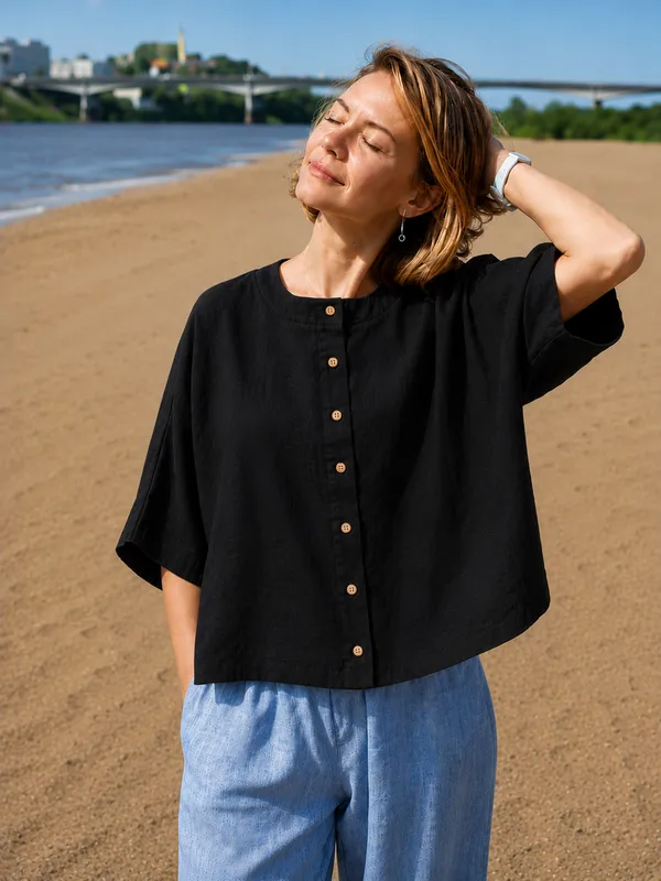 Women_Casual_Black_Flex_Top_|_Short_Sleeve_Button-Down_Summer_Top