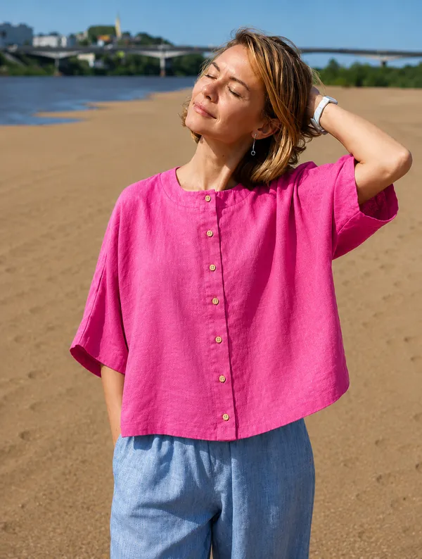 Women_Casual_Dark_Pink_Flex_Top_|_Short_Sleeve_Button-Down_Summer_Top