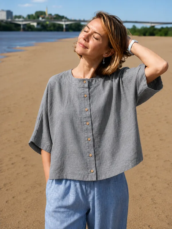 Women_Casual_Grey_Flex_Top_|_Short_Sleeve_Button-Down_Summer_Top