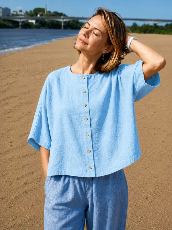 Women_Casual_Light_Blue_Flex_Top_|_Short_Sleeve_Button-Down_Summer_Top