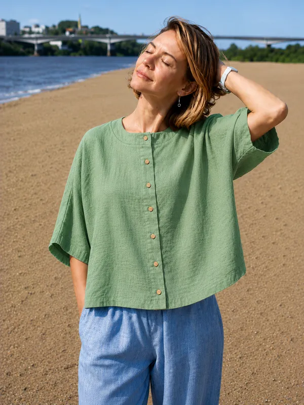 Women_Casual_Light_Green_Flex_Top_|_Short_Sleeve_Button-Down_Summer_Top