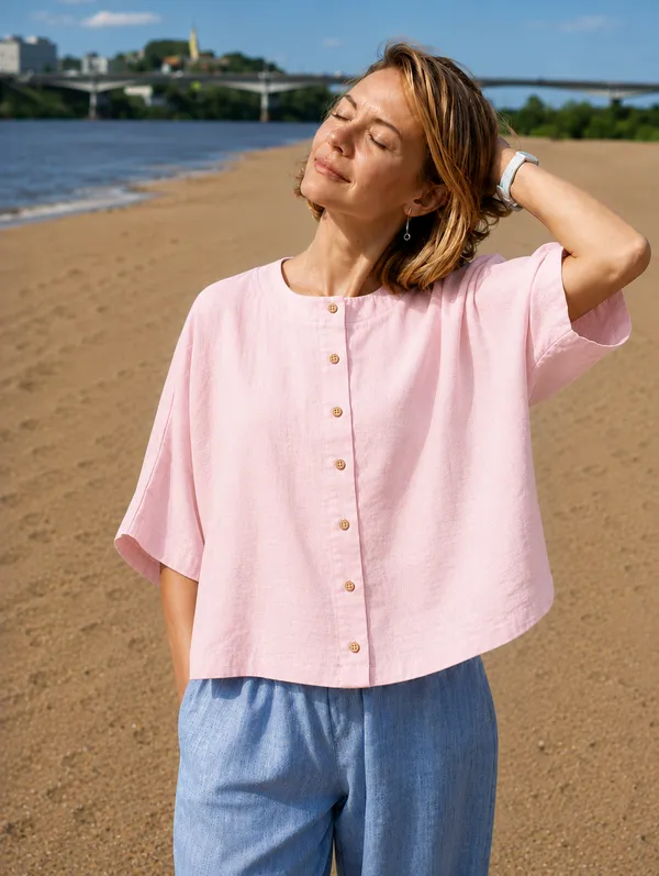 Women_Casual_Light_Pink_Flex_Top_|_Short_Sleeve_Button-Down_Summer_Top