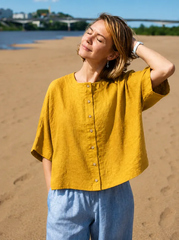 Women_Casual_Mustard_Yellow_Flex_Top_|_Short_Sleeve_Button-Down_Summer_Top