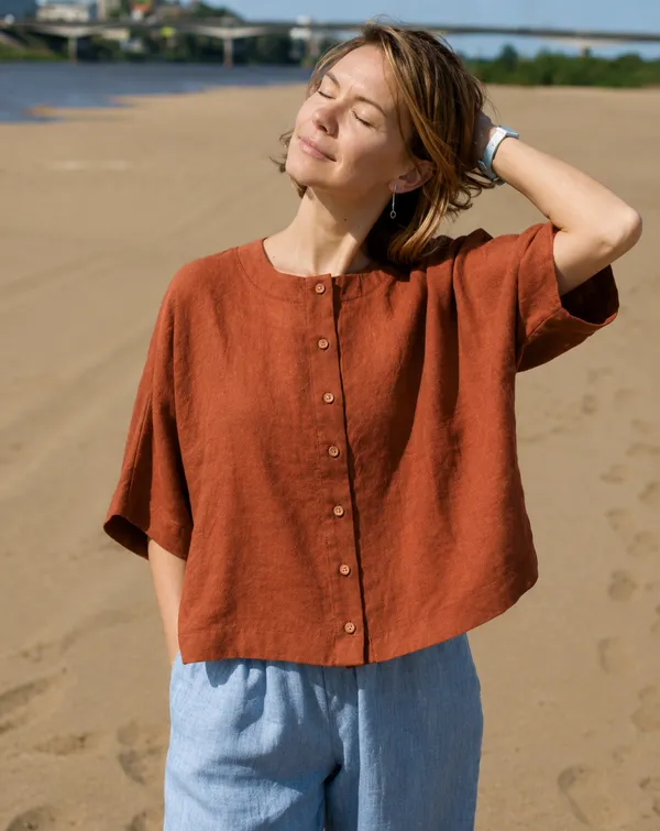 Women_Casual_Rust_Orange_Flex_Top_|_Short_Sleeve_Button-Down_Summer_Top