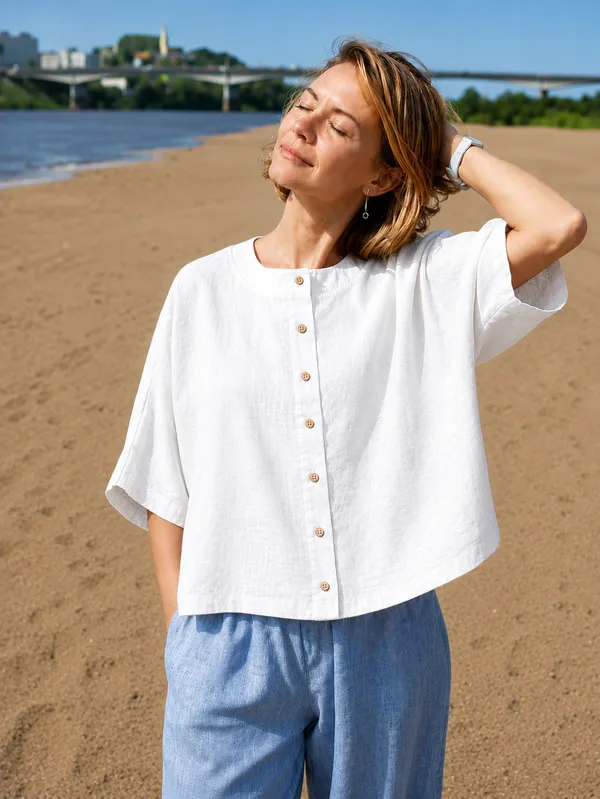 Women_Casual_White_Flex_Top_|_Short_Sleeve_Button-Down_Summer_Top