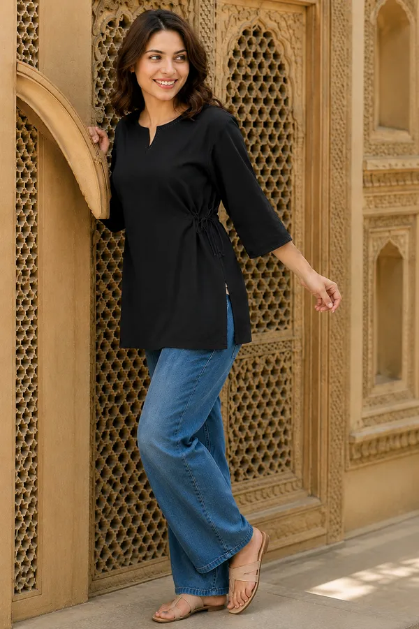 Women_Cotton_Black_Kurti_|_Stylish_V-Notch_Neck_Tie-Waist_3/4_Sleeve_Casual_Top