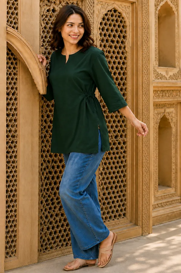 Women_Cotton_Dark_Green_Kurti_|_Stylish_V-Notch_Neck_Tie-Waist_3/4_Sleeve_Casual_Top