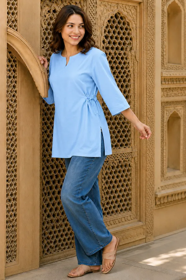 Women_Cotton_Light_Blue_Kurti_|_Stylish_V-Notch_Neck_Tie-Waist_3/4_Sleeve_Casual_Top