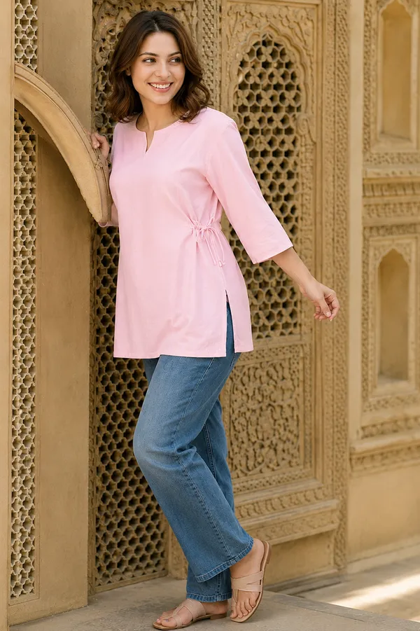 Women_Cotton_Light_Pink_Kurti_|_Stylish_V-Notch_Neck_Tie-Waist_3/4_Sleeve_Casual_Top