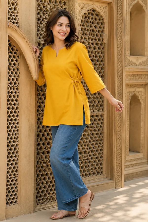 Women_Cotton_Mustard_yellow_Kurti_|_Stylish_V-Notch_Neck_Tie-Waist_3/4_Sleeve_Casual_Top