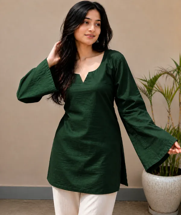 Women�s_Dark_Green_Stylish_Kurti_|_Bell_Sleeves_|_Round_Neck_|_Casual_&_Festive_Wear