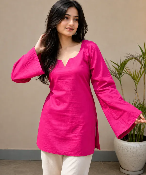 Women�s_Dark_Pink_Stylish_Kurti_|_Bell_Sleeves_|_Round_Neck_|_Casual_&_Festive_Wear