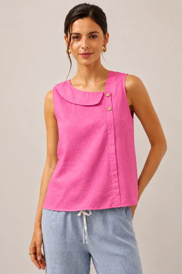 Women_Dark_pink_Sleeveless_Relaxed_Fit_Top_with_Round_Neck,_Overlay_Panel_&_Button_Detail
