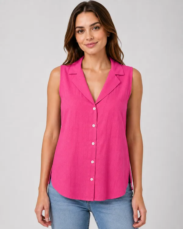 Women_Dark_pink_Sleeveless_Relaxed_Fit_Top_with_Round_Neck,_Overlay_Panel_&_Button_Detail
