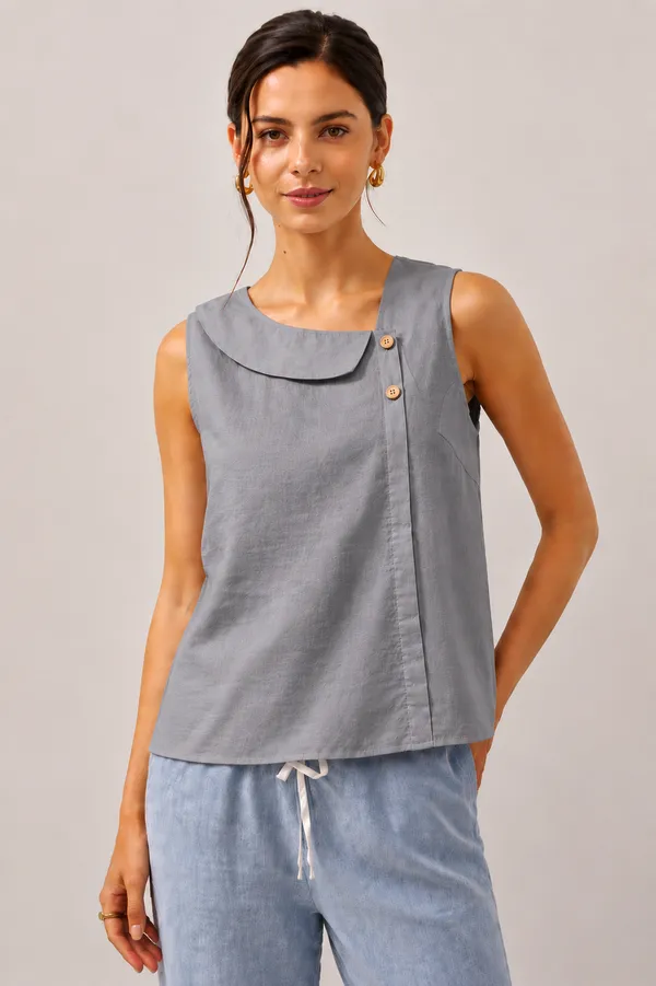 Women_Gray_Sleeveless_Relaxed_Fit_Top_with_Round_Neck,_Overlay_Panel_&_Button_Detail