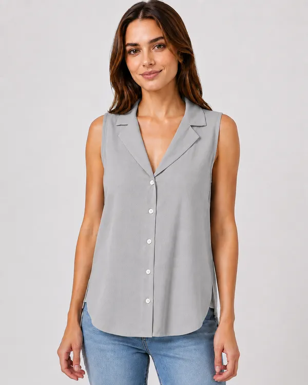 Women_Gray_Sleeveless_Relaxed_Fit_Top_with_Round_Neck,_Overlay_Panel_&_Button_Detail