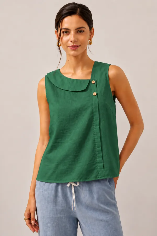 Women_Green_Sleeveless_Relaxed_Fit_Top_with_Round_Neck,_Overlay_Panel_&_Button_Detail
