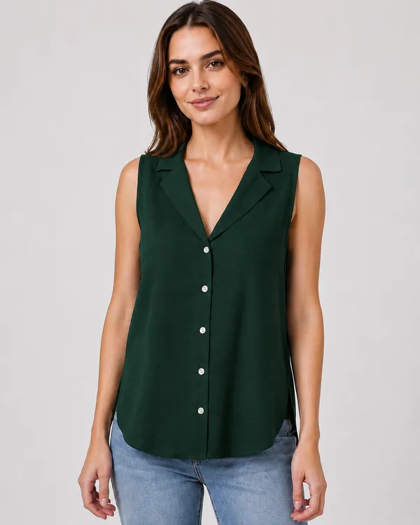 Women_Green_Sleeveless_Relaxed_Fit_Top_with_Round_Neck,_Overlay_Panel_&_Button_Detail