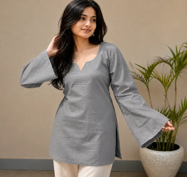 Women_Grey_Stylish_Kurti_|_Bell_Sleeves_|_Round_Neck_|_Casual_&_Festive_Wear