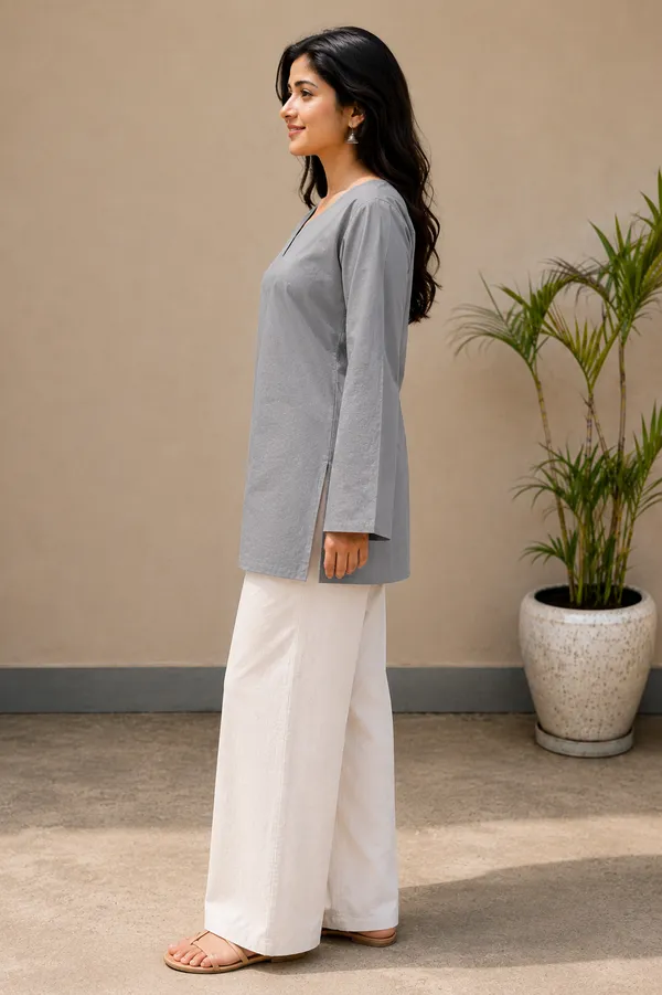 Women_Grey_Stylish_Kurti_|_Bell_Sleeves_|_Round_Neck_|_Casual_&_Festive_Wear