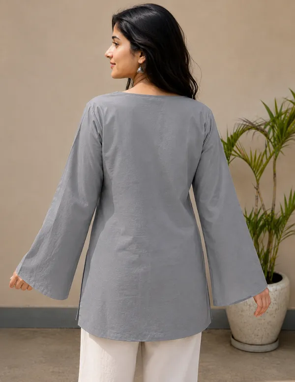 Women_Grey_Stylish_Kurti_|_Bell_Sleeves_|_Round_Neck_|_Casual_&_Festive_Wear
