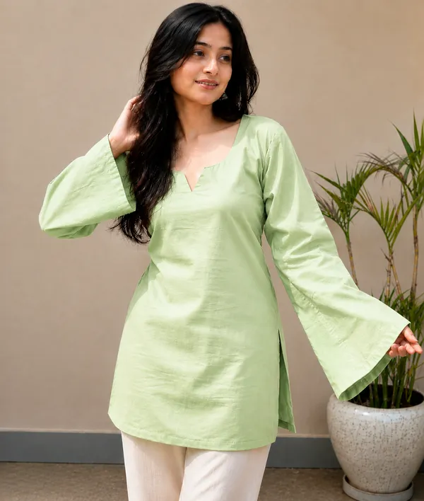 Women�s_Light_Green_Stylish_Kurti_|_Bell_Sleeves_|_Round_Neck_|_Casual_&_Festive_Wear