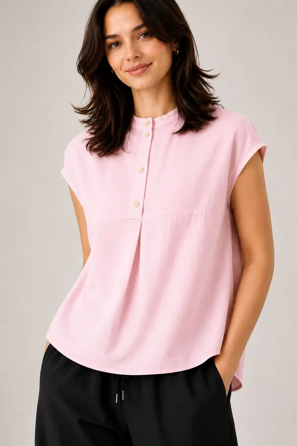 Women_Mandarin_Collar_Pleated_Button_Detail_Casual_Top