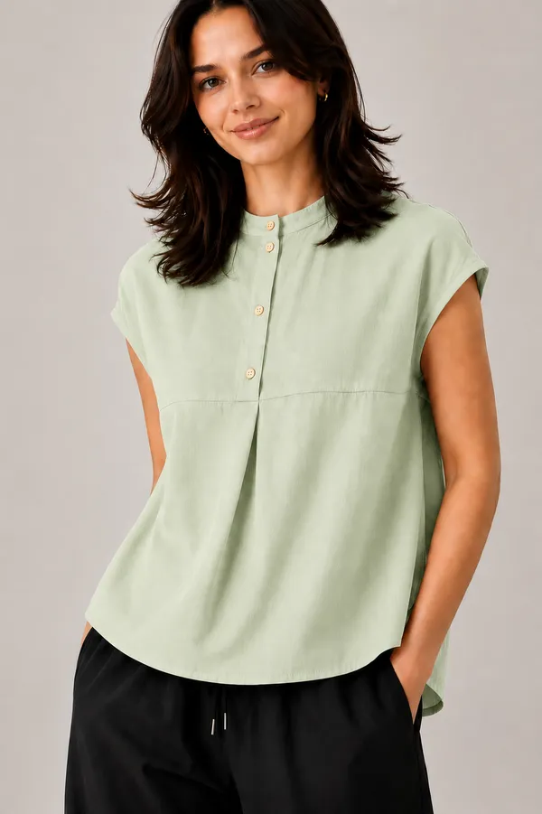 Women_Mandarin_Collar_Pleated_Button_Detail_Casual_Top